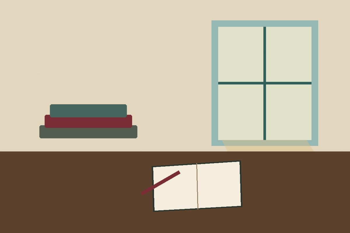 A reading desk beside a tall window with plain books and a pencil